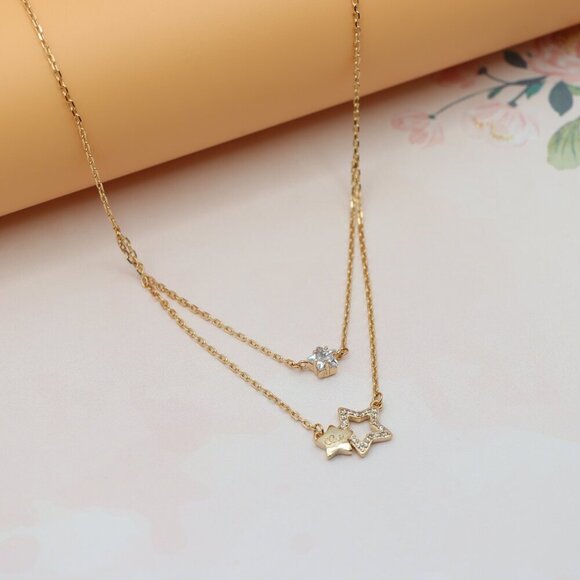 "Double-Layered Rose Gold Necklace with Sparkling Star Charms, XPNL0152 - Picture 7 of 12